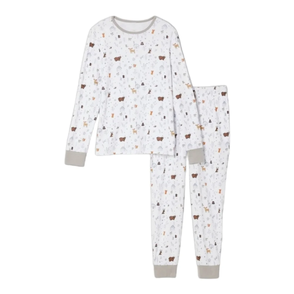 Cabin Print Matching Cotton Pajama Set, White with Print, XXL